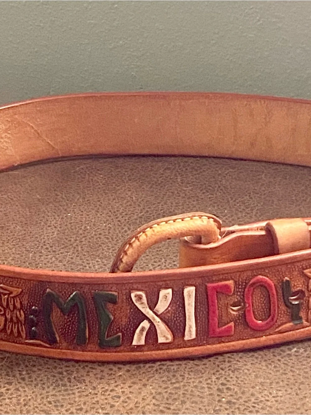 Hand Tooled Brown Leather Belt with Multicolor 'MEXICO', Cacti, Aztec Pyramids